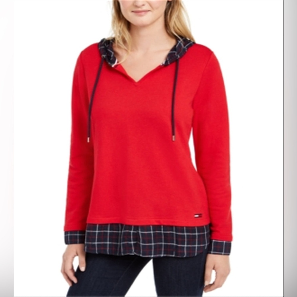 Tommy Hilfiger | Women's Layered Look Hooded Sweatshirt Red - M - Picture 1 of 9